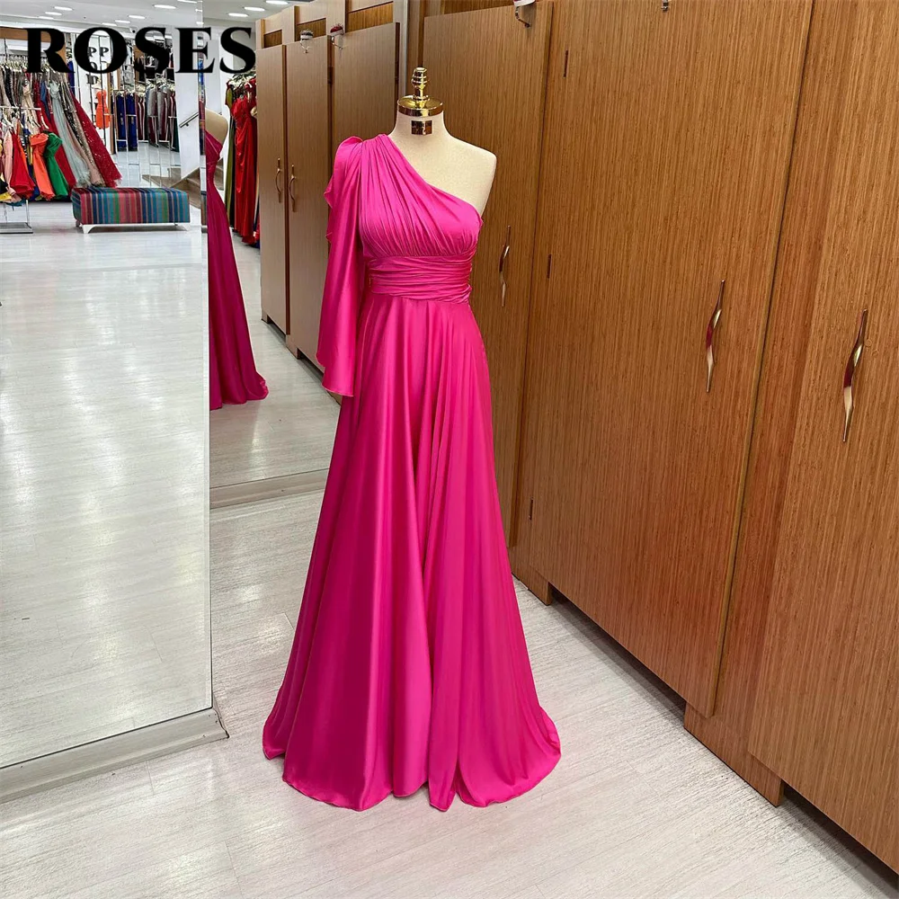 

ROSES One Shoulder Evening Dresses Beach Charming Prom Dress Pleat Party Dresses with Long Sleeves Custom Size vestidos de noche