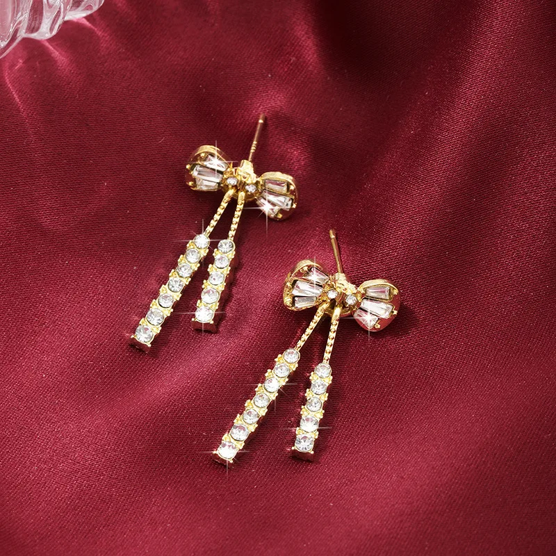 Gold-Color Shiny Bow Dangle Earrings For Women Exquisite Dainty Rhinestone Bow Copper Earrings Jewelry Gift For Friends