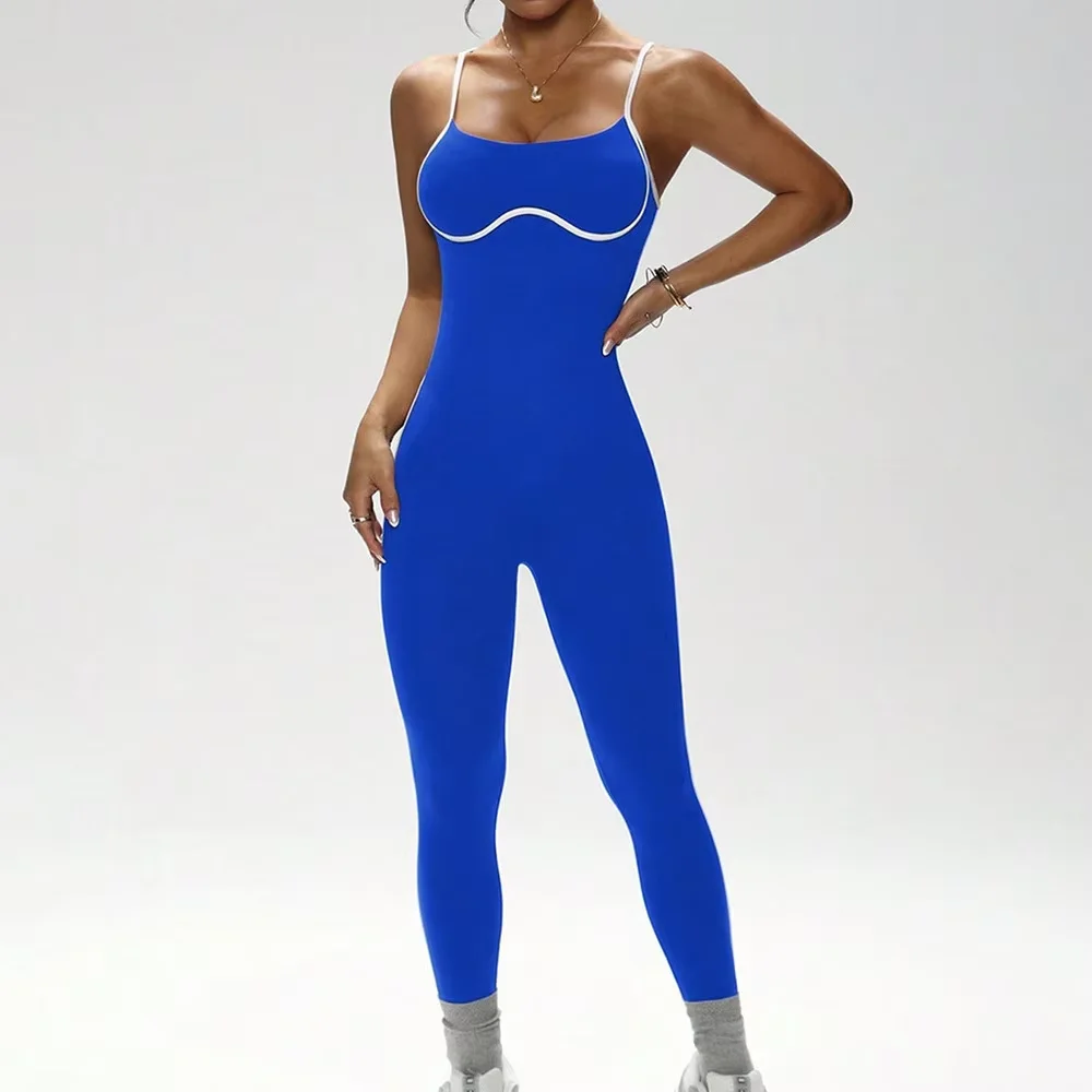 

Solid V-neck Sleeveless Full-Length Yoga Bodysuit-Ribbed Quick-Dry Nylon/Spandex Fitness Jumpsuit for Women