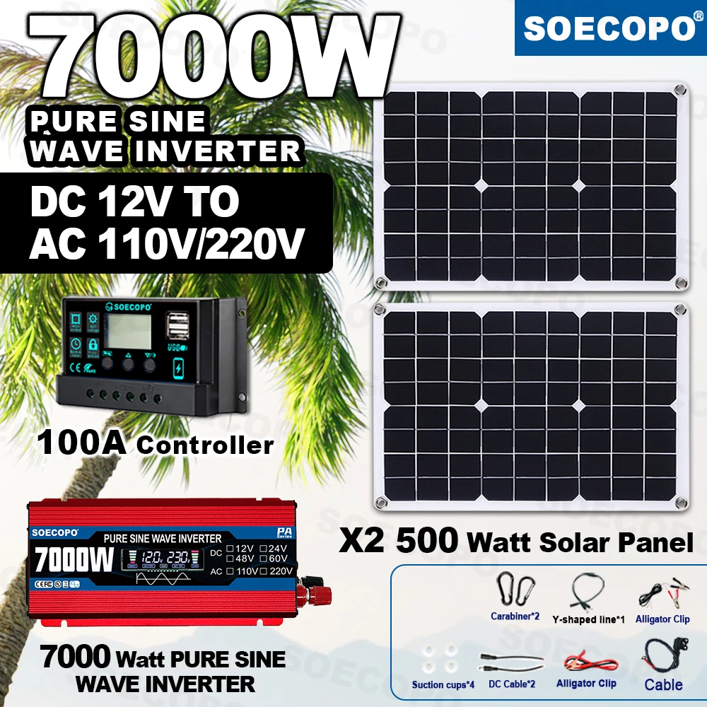 SOECOPO 7000W Peak Pure Sine Wave Solar Balcony Kit 12V To 110V 220V Inverter 2*500W Panels and 100A Controller for Home System