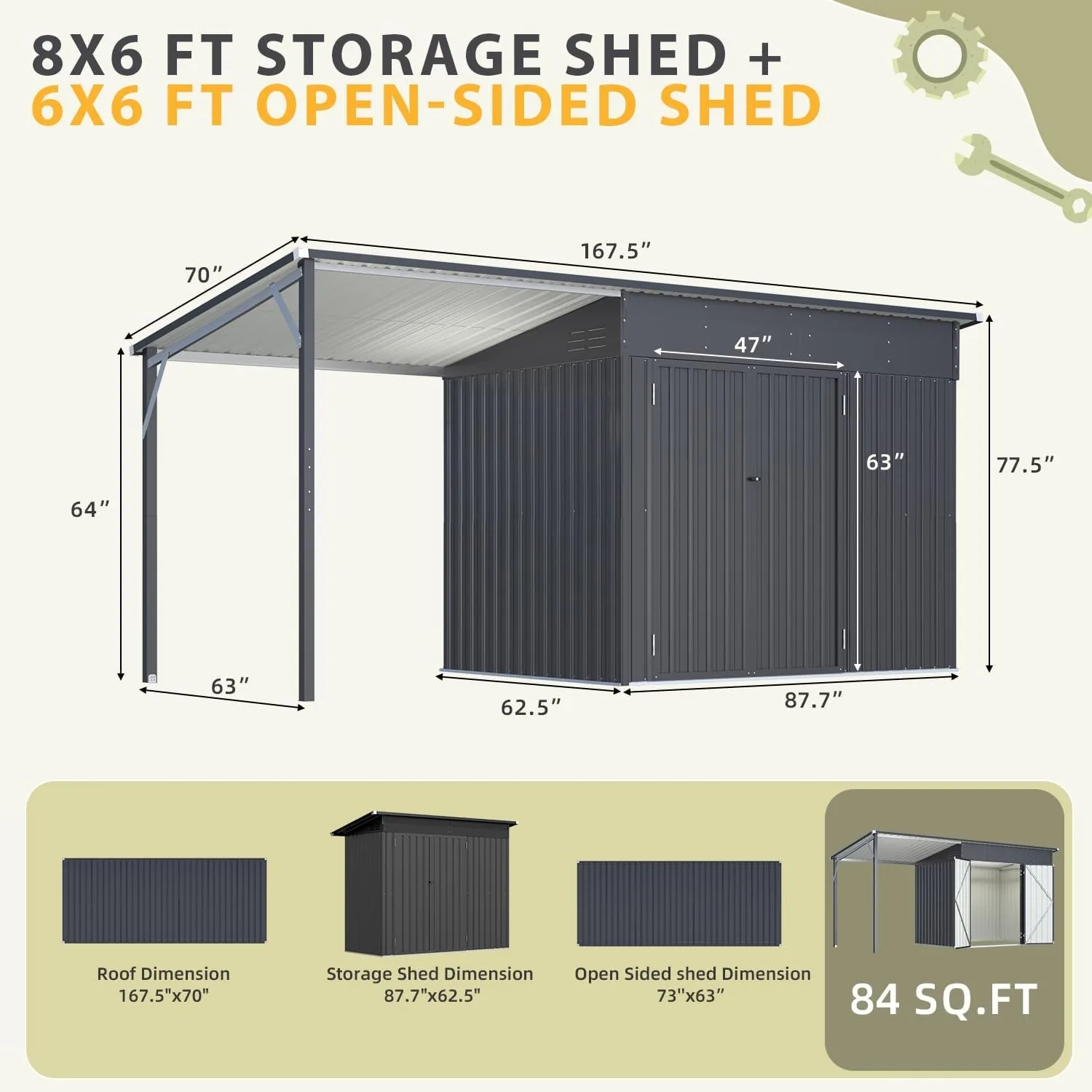 Outdoor Open-Sided Metal Storage Shed with Attached Hardtop Metal Gazebo view 2