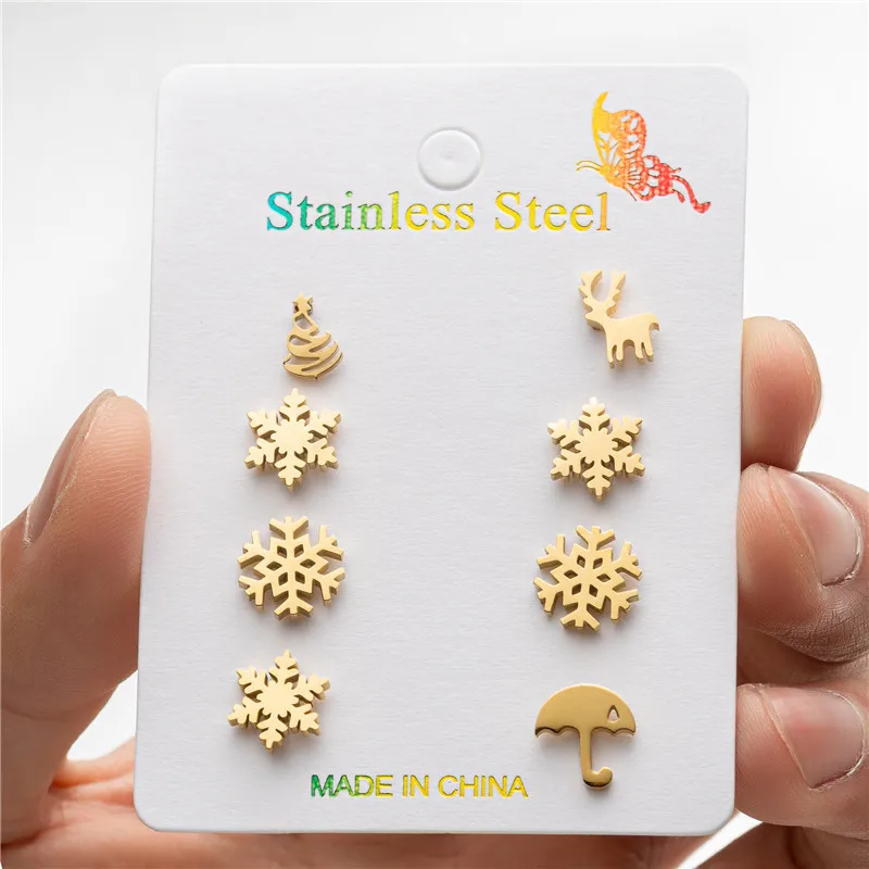 4 par/lote pendientes de copo de nieve de moda Mini pendientes de paraguas de ciervo de acero inoxidable para mujeres y hombres joyería de Navidad al por mayor