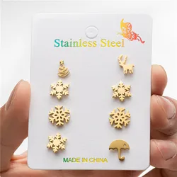 4Pairs/Lot Fashion Snowflake Stud Earrings Mini Stainless Steel Deer Umbrella Earings for Women Men Christmas Jewelry Wholesale