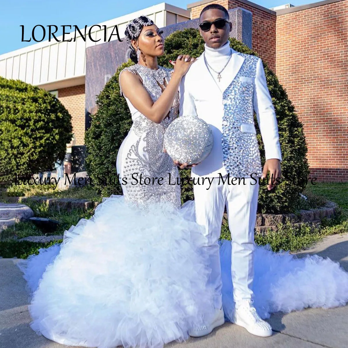 Sparkly 2 Pieces Sets  Ruffle Diamond Men Suits Wedding Groom Tuxedos Male Prom Blazers Slim trajes elegante para hombres