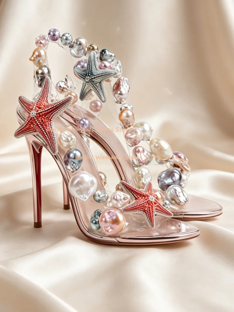 Baroque Pearl Starfish Decor High Heel Sandals Transparent PVC Open Toe Slingback Stiletto Heel Party Wedding Dress Shoes 2026 view 3