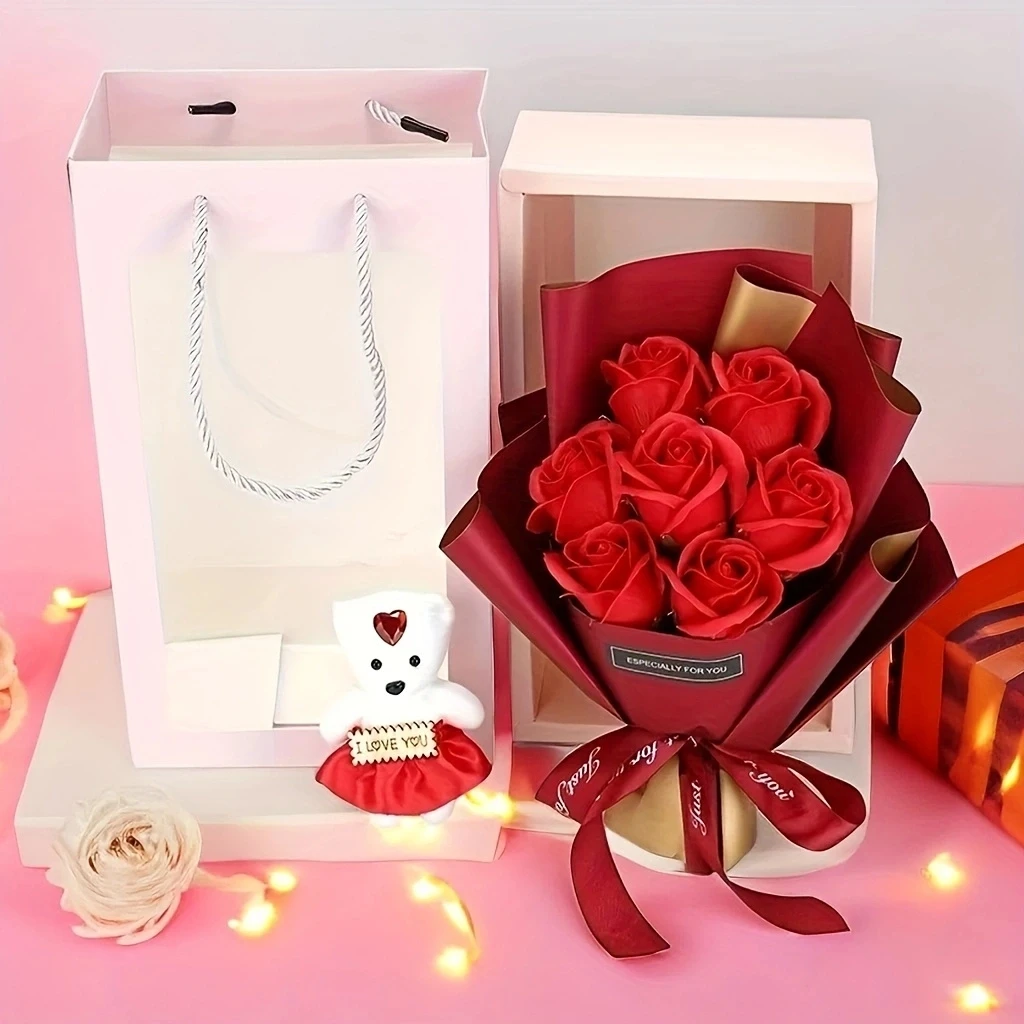 7 simulation flowers+teddy bear gift box, rose simulation flower, rose immortality flower, advanced simulation flower gift box,