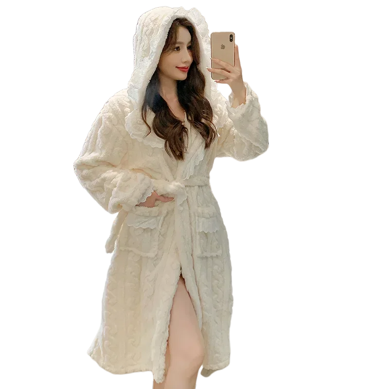 2023 Winter Long Sleeve Hooded Thick Warm Flannel Kimono Robes for Women Korean Loose Bathrobe Sleepwear Nightdress Night Dress