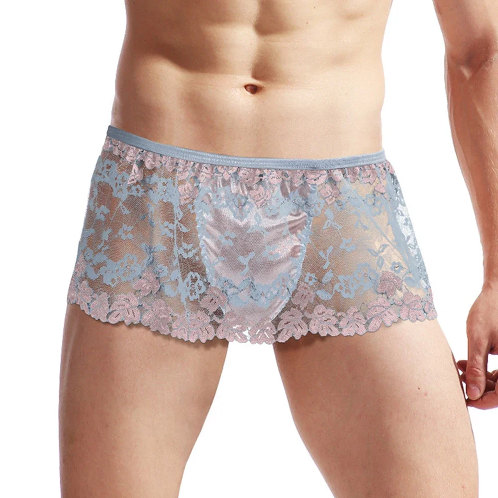 Sexy Men Sissy Lace Lingerie Skirt Clubwear See-Through Panties Ultra Thin Underwear Briefs Low-Rise Transparent Underpants