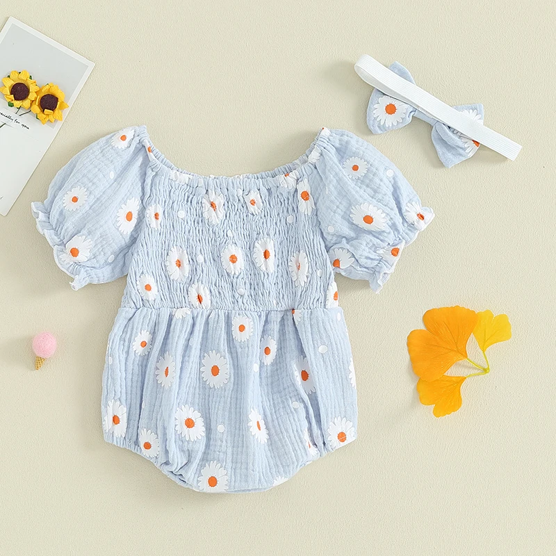 

Newborn Infant Baby Girl Romper Short Sleeve Pleated Flower Print Bodysuit Headband Cute Summer Clothes