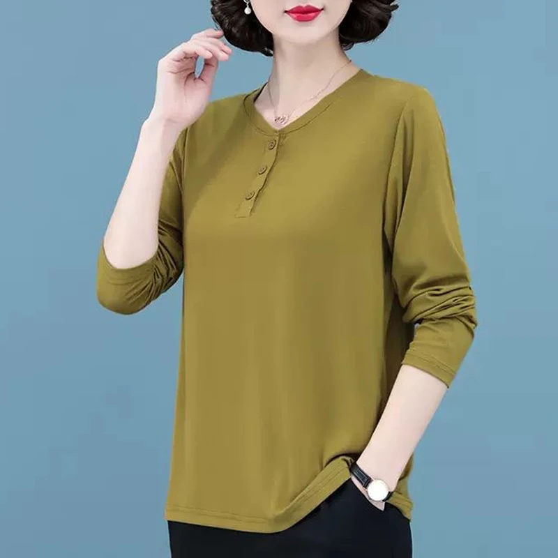 Simple Casual Solid Round Neck Loose Cotton Basic T Shirt Women 2023spring Autumn Korean Fashion Button Long Sleeve Ladies Tops