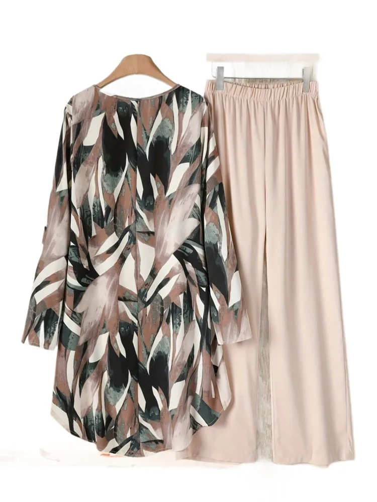 Traje Retro de dos piezas con estampado de manga tres cuartos para mujer, Top informal con cuello redondo, conjunto de 2 piezas, ropa para mujer