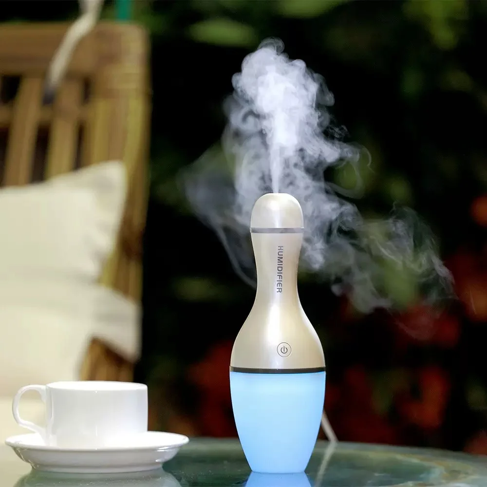 Whisper-Quiet Bowling-luchtbevochtiger, 300 ml capaciteit, grijze diffuser met kalmerende gloed voor perfect slaapkamer- en autocomfort