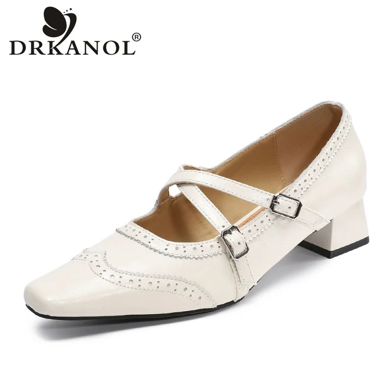 

DRKANOL Модные женские туфли на толстом каблуке 2026 Весна-Лето из натуральной коровьей кожи с квадратным носком, повседневные туфли-лодочки