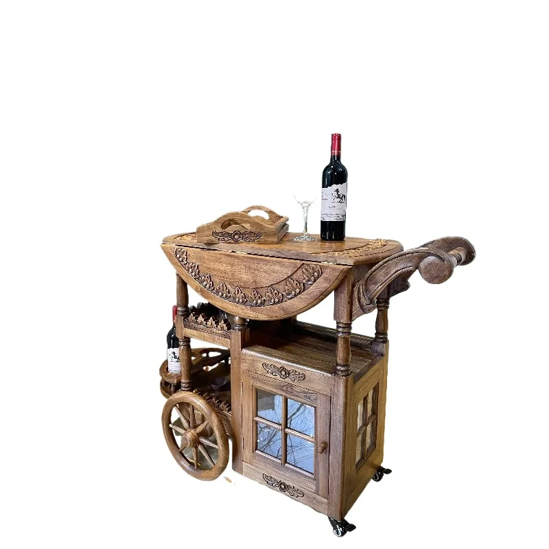 Full teak retro dining car movable dining table solid wood folding coffee table, household medieval tea cart