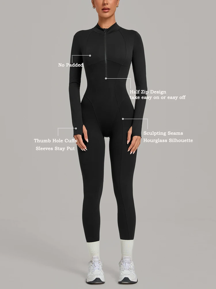 VITALINOVO Long Sleeve Workout Jumpsuit for Women Zip Up Full Body Romper Butt Lifting Contour Seams Yoga Activewear One Piece