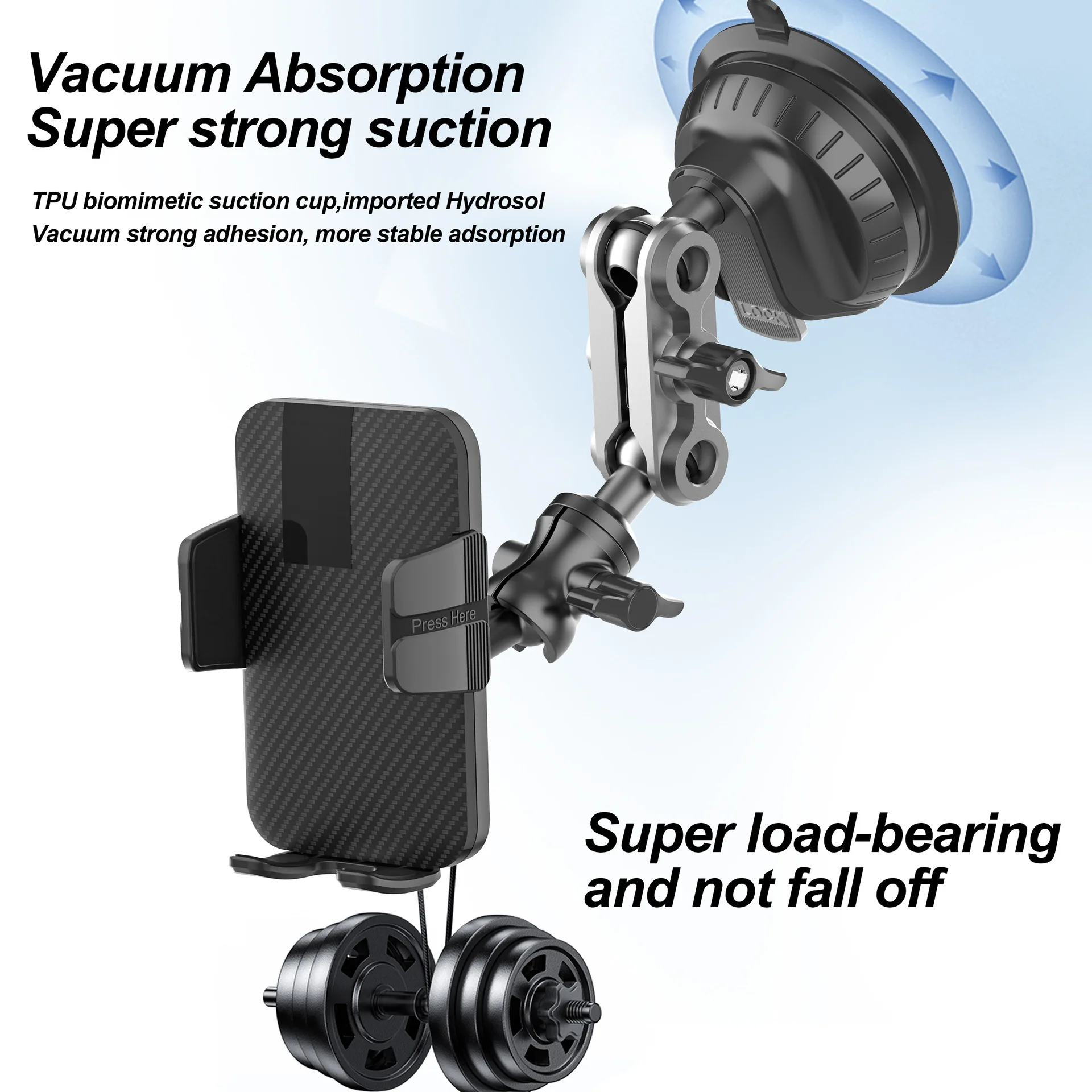 Heavy Duty Aluminum Suction Cup Car Phone Mount, 360° Rotatable Dashboard Holder, Off-Road Navigation Shooting Stand for Phones