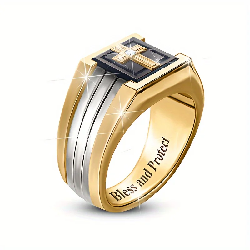 Retro Bless and Protect Cross Rings for Men Luxury Two Tone Black Color Micro Zircon Drip Oil Finger Ring Trend Religion Jewelry