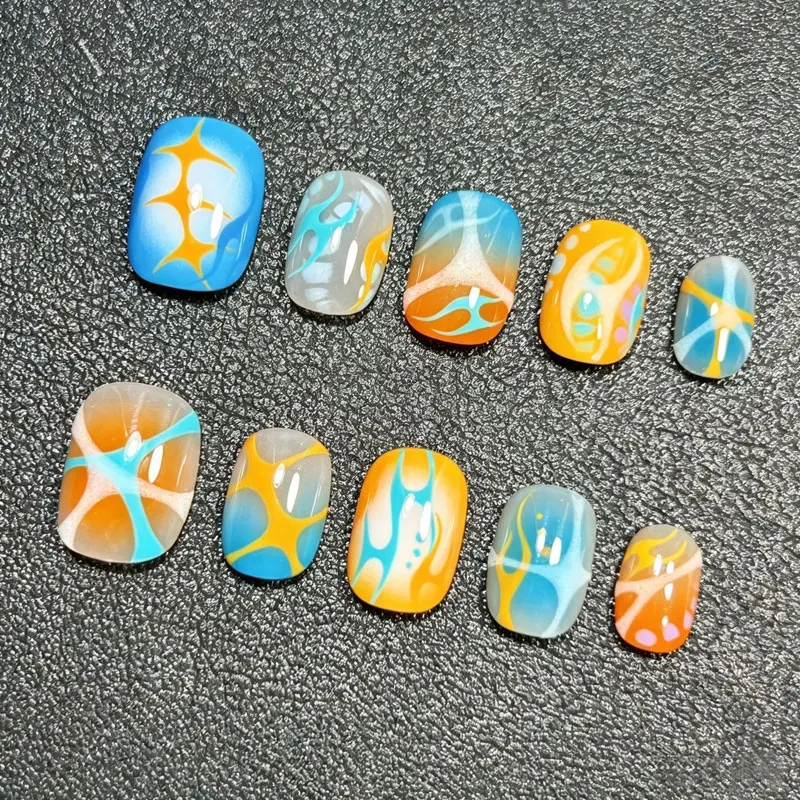 10Pcs Personalized Pattern Design Short Oval Shape Cartoon Funny Press on Nails Detachable Nail Patches Reusable Fake Nails Art
