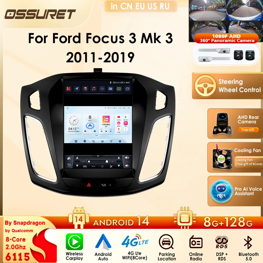 Radio para Auto OSSURET Octa Core 4G-LTE con Android Auto para Ford Focus 3 Mk 3 2011-2019, Reproductor Multimedia GPS para Auto, Estéreo para Auto con Navegación y Cámara 360