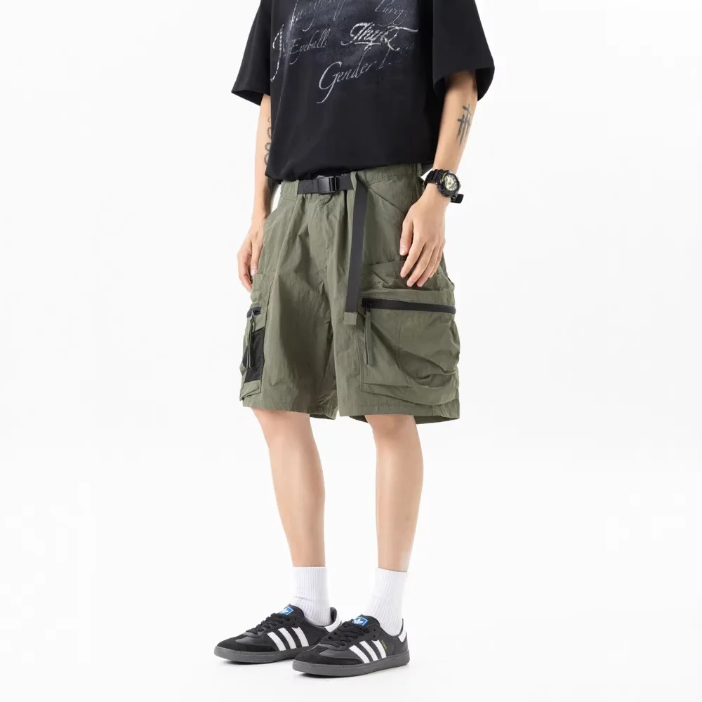 American Oversized Men's Workwear Cargo Shorts Summer Loose Casual Big Zipper Pocket Tactical Shorts Men Retro Five-Point Pants
