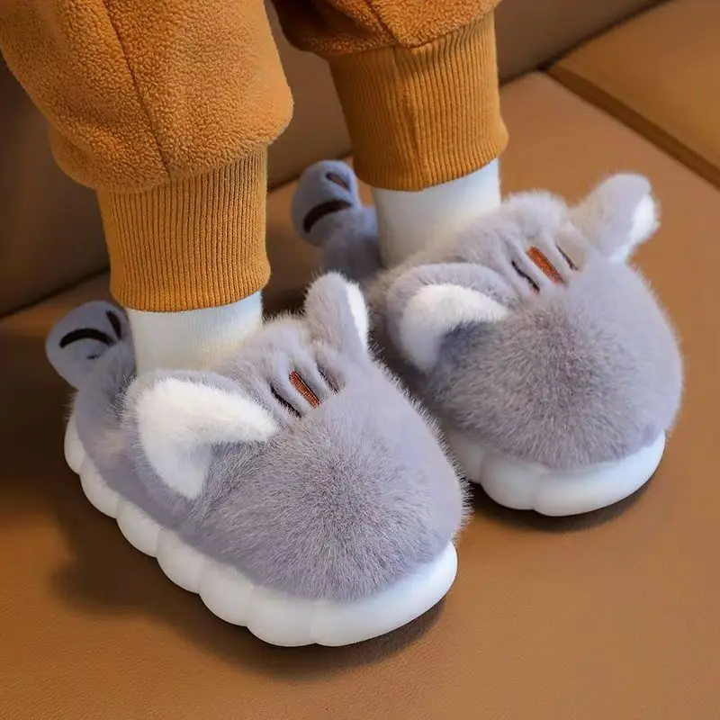2024 New Children's Winter Boatou Home Cotton Slippers Boys And Girls Soft Sole Non Slip Cartoon Plush Warm Fluffy Slippers