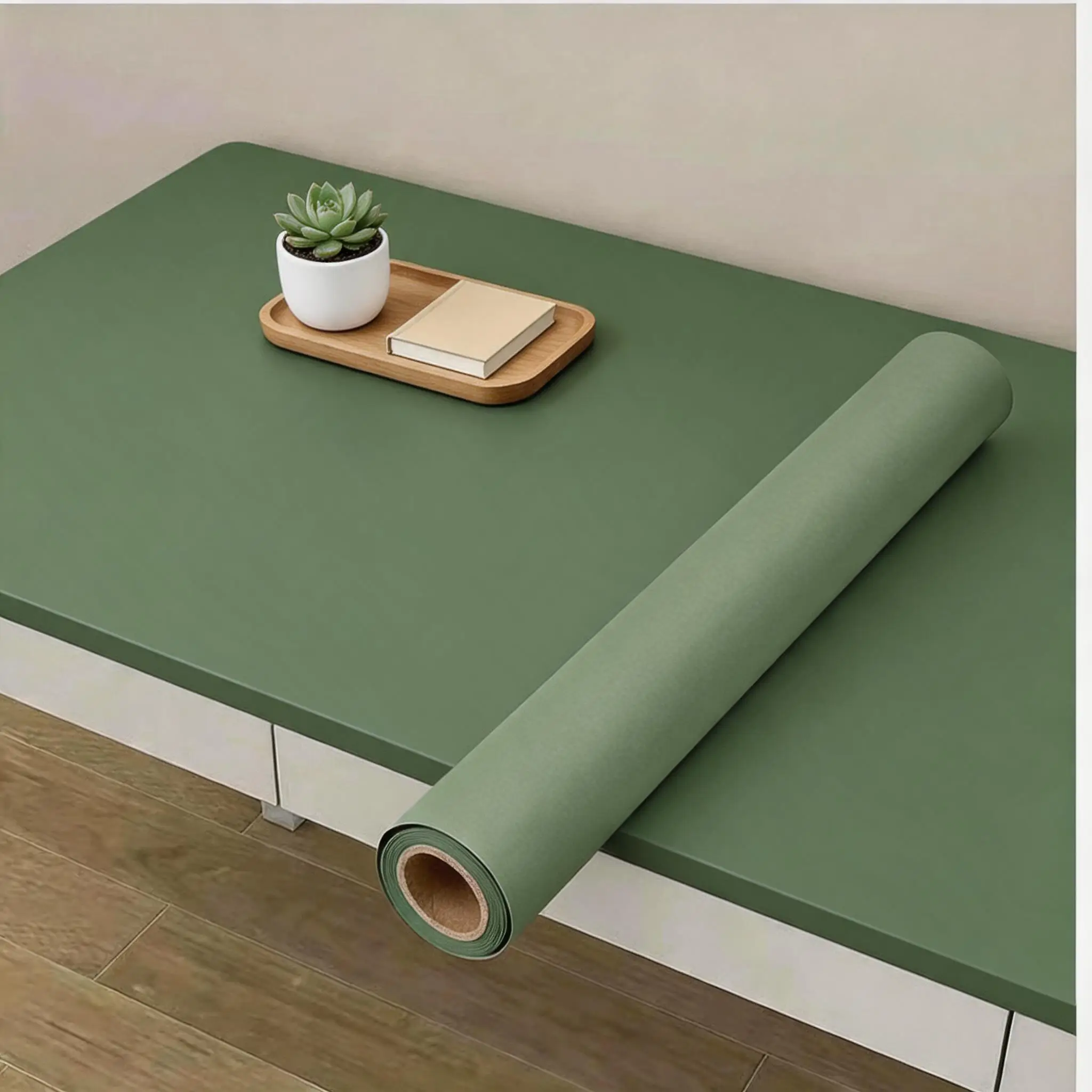 Matte Green Self Adhesive Vinyl Wallpaper Waterproof Pure Green Contact Paper Cabinet Shelf Liner Home Room Wall Decor Covering