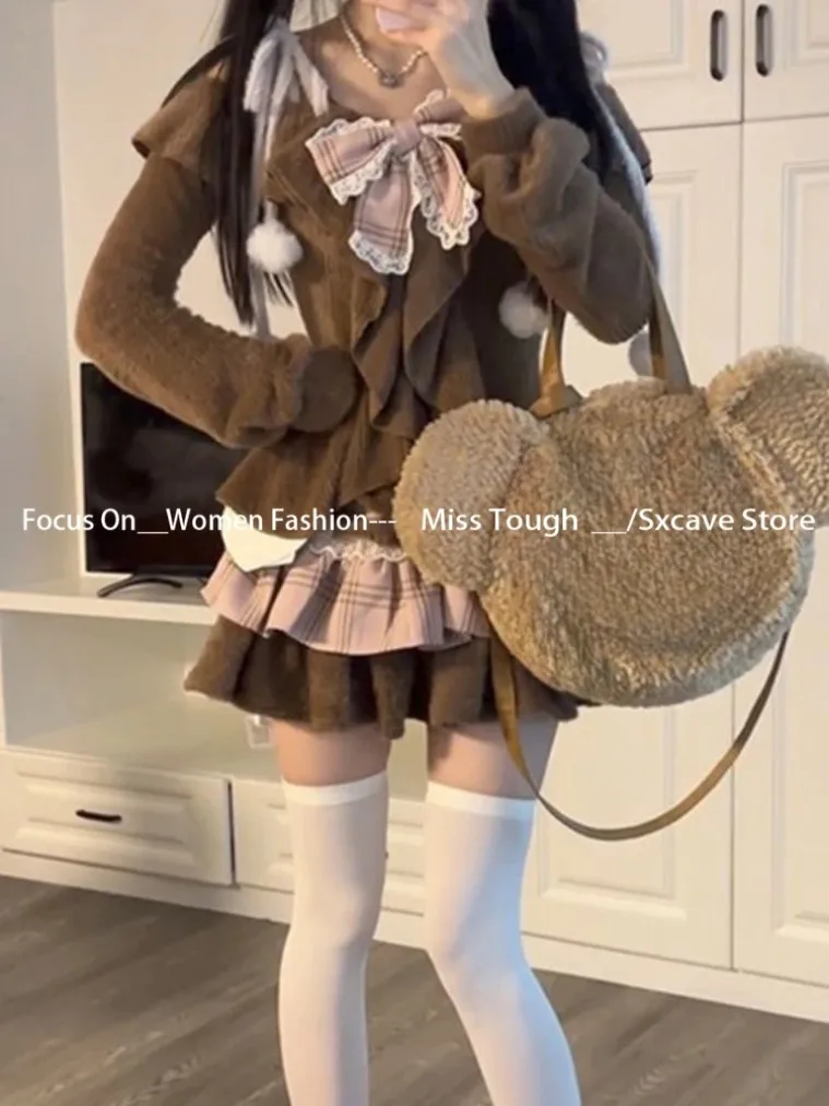 اليابانية Kawaii خمر الدعاوى النساء Y2k محبوك سترة + منقوشة التنانير الصغيرة 2000s ريترو 2 قطعة تنورة مجموعات الربيع ملابس أنيقة