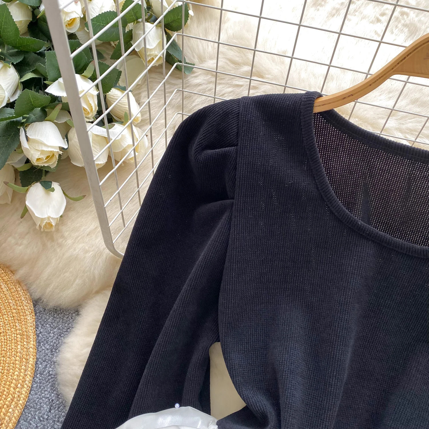 Camisa ceñida con cintura de otoño para mujer, pana francesa con mangas abullonadas y adornos de cuentas, camisa con volantes