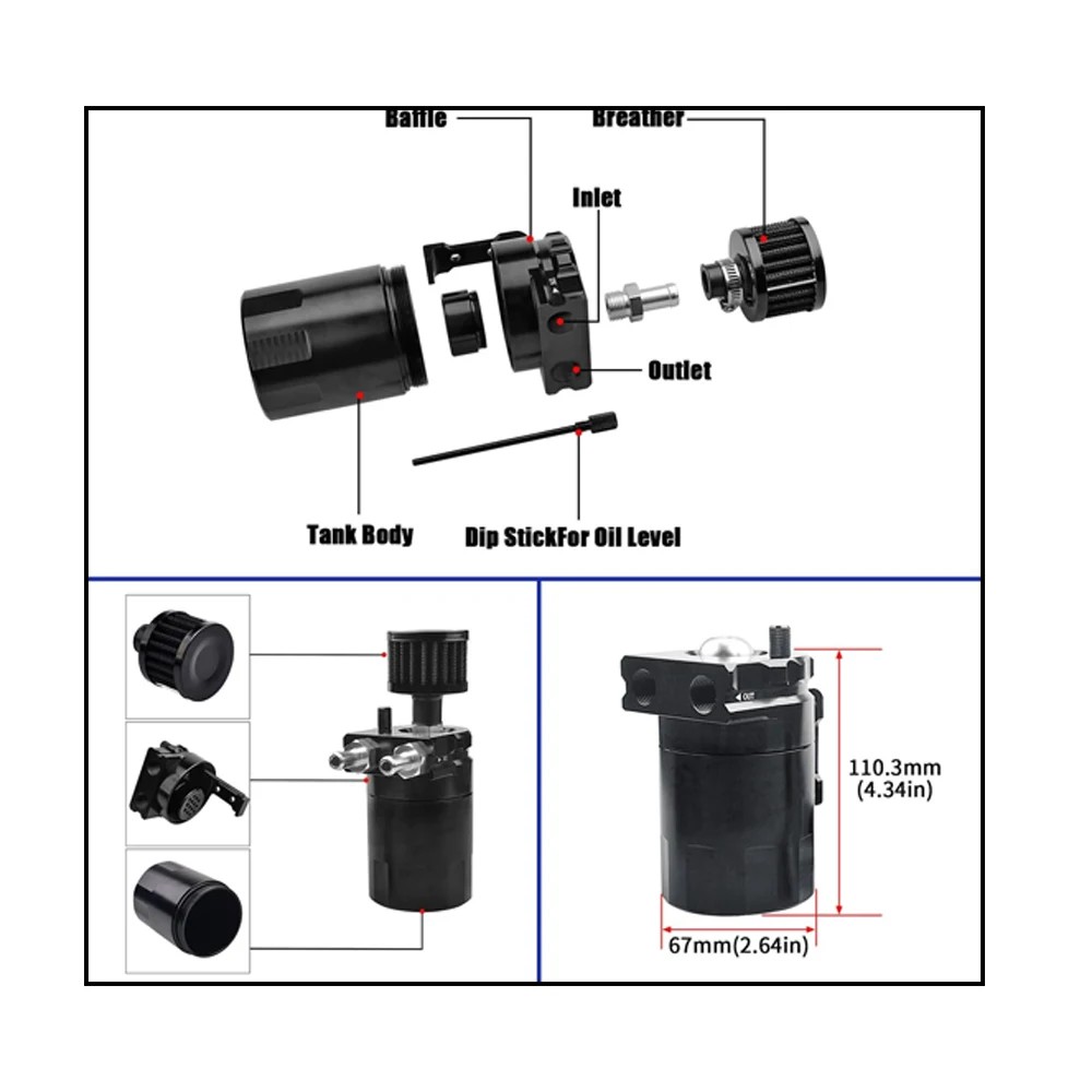 Universal 300ml Aluminum Oil Catch Can Separator Tank with Breather Compact Dual Cylinder Baffled Engine Air Tank Reservoir Kit