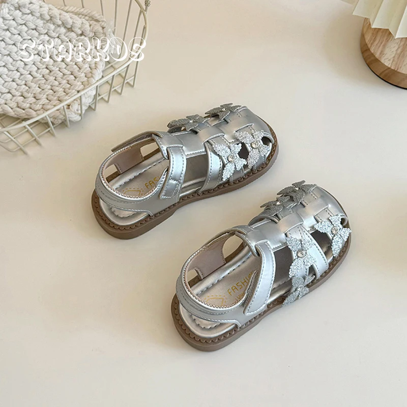 Sandalias de mariposa con purpurina para niñas, zapatos romanos de banda estrecha, diseño de marca, brillantes, correa de diamantes de imitación,