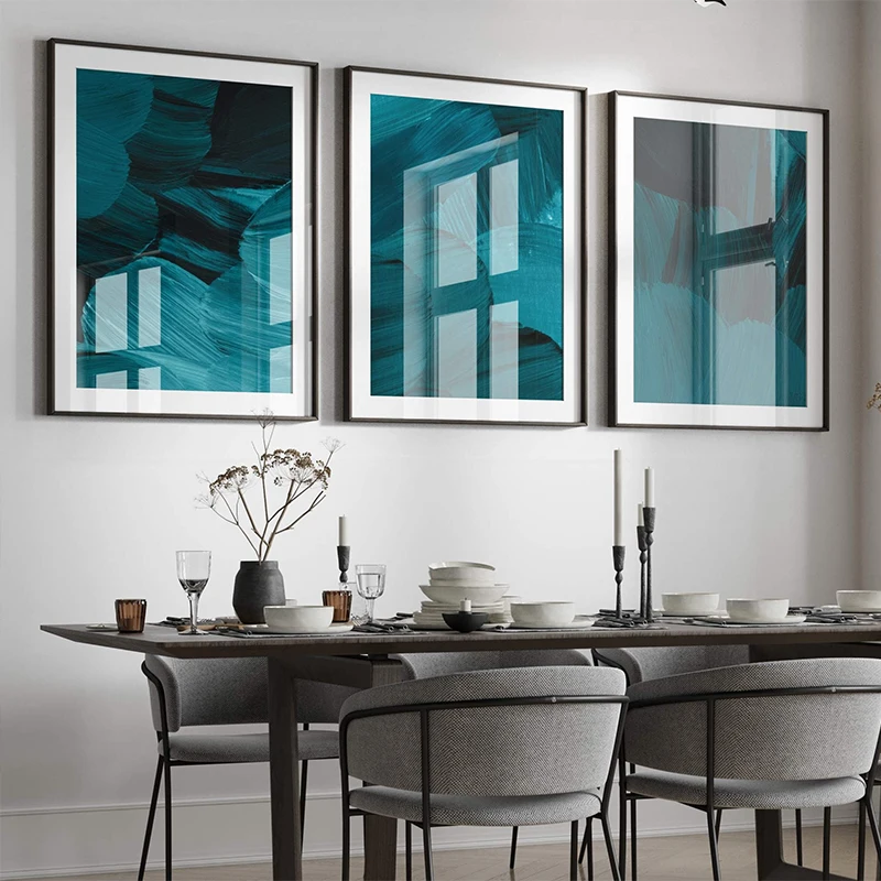 Modern Abstract Teal Set of 3 Poster and Prints Canvas Painting Wall Art Minimalism Picture for Office Living Bedroom Home Decor