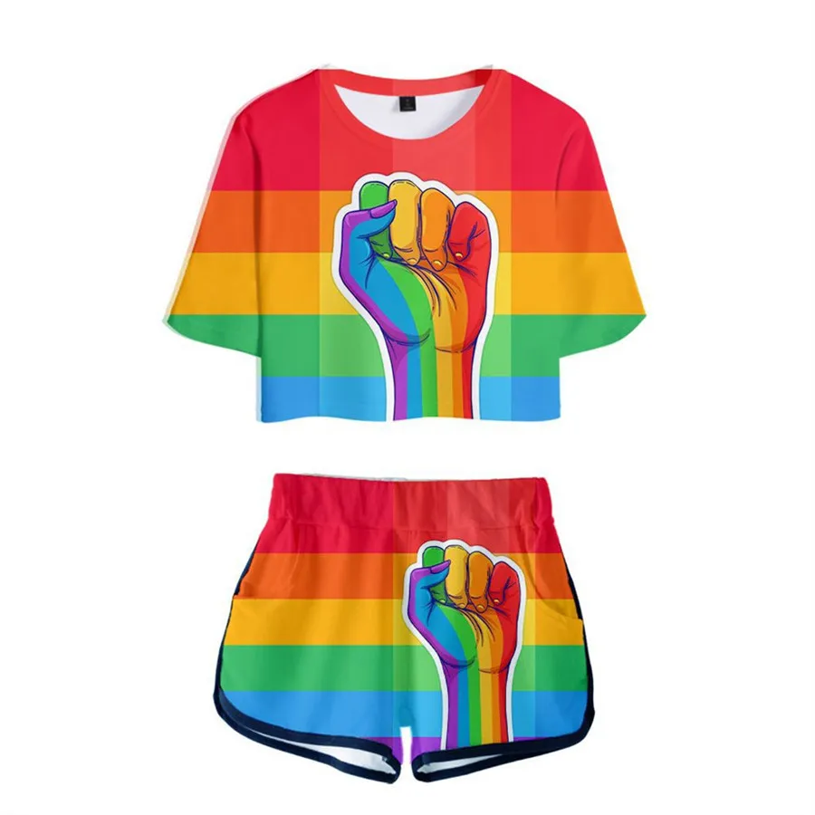 LGBT Two Pieces Sets Women Rainbow Flag Lesbians Gays 3D T Shirts+Shorts Suit Summer Tops Tees Fashion Tshirt Women Clothing