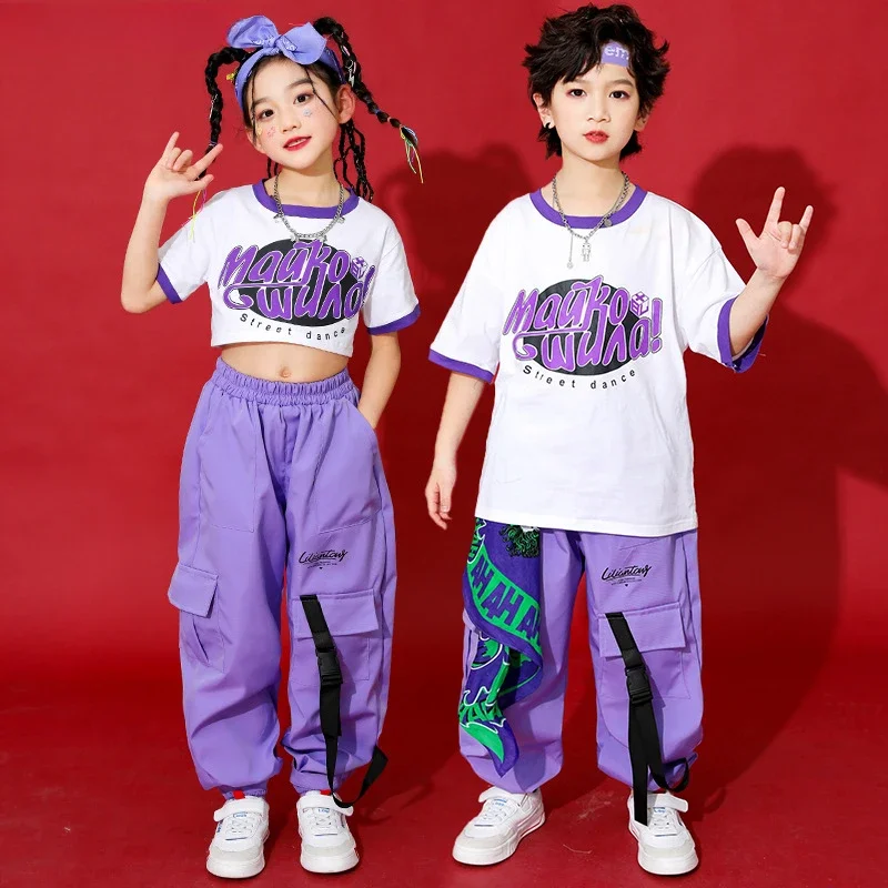 

Girls Hip Hop Crop Top Purple Cargo Pants Boys T-shirt Street Dance Pink Joggers Children Streetwear Kids Jazz Tee Clothes Sets