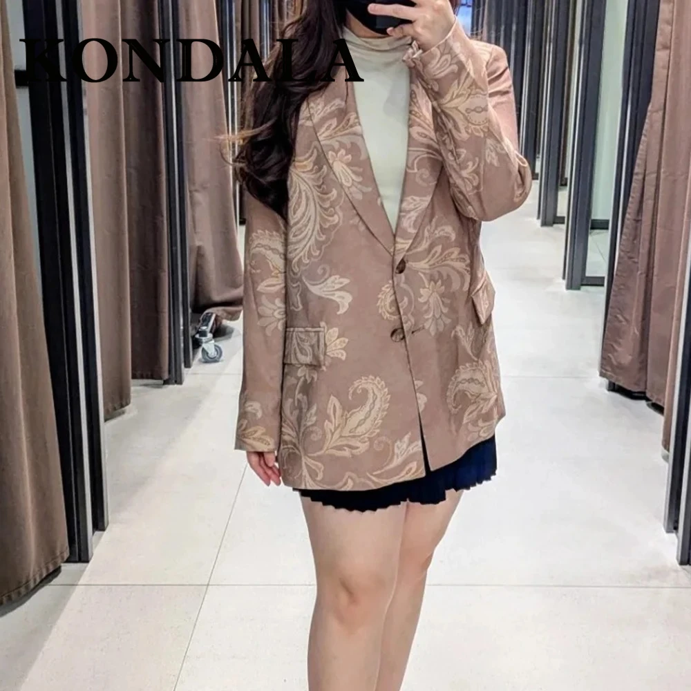 

KONDALA Vintage Office Lady Print Mature Single Breasted Shoulder Pad Women Bleazer Loose Jacket Brown Fashion 2025 Chic Outwear