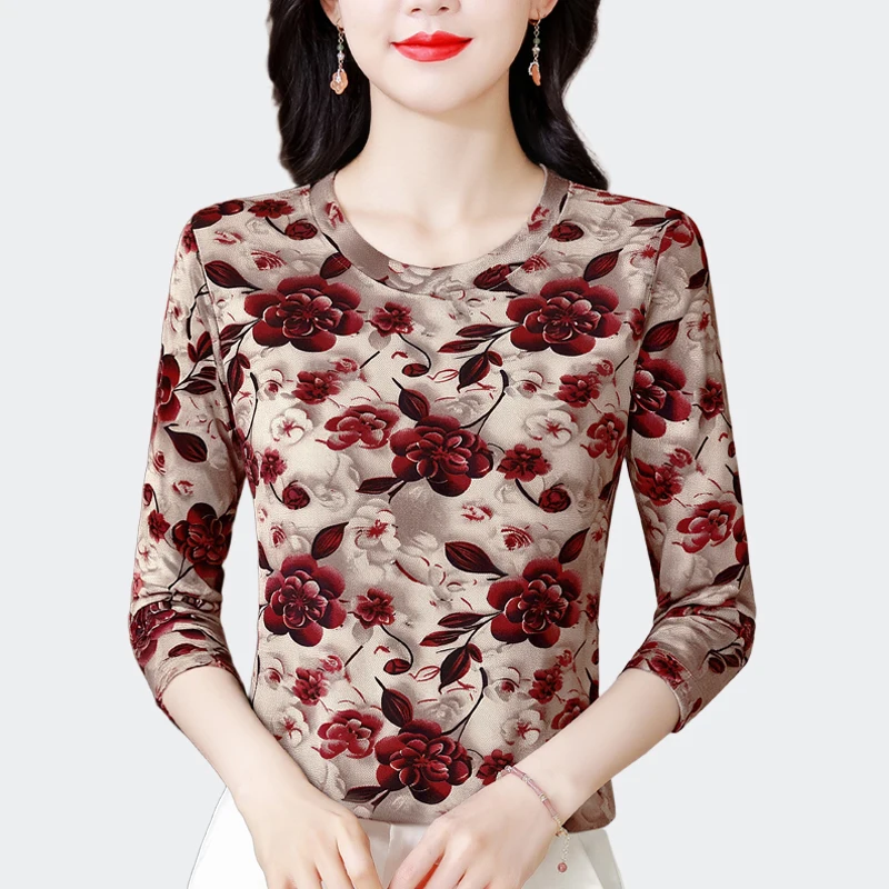 

Женская футболка с принтом роз, простой круглый вырез, элегантные повседневные топы с длинными рукавами, модный пуловер, базовая одежда Femme