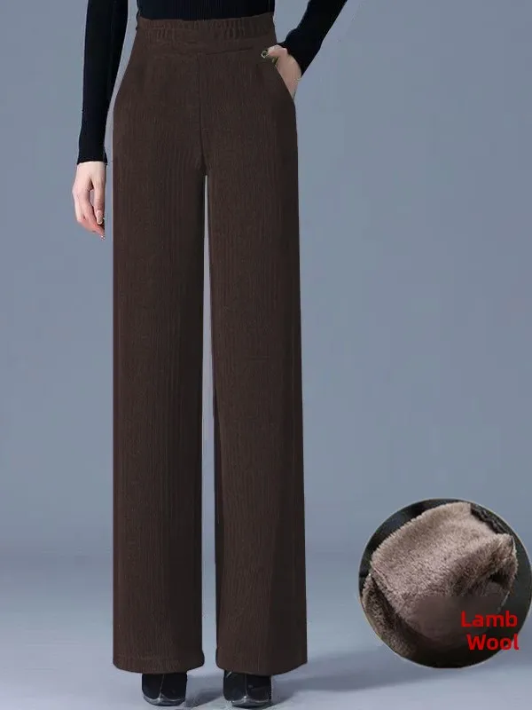 Thiened Lamb Velvet Wide Leg Pants Women's Winter High Waist Slimming Loose Casual Fce Lined Corduroy Straight Leg Trousers