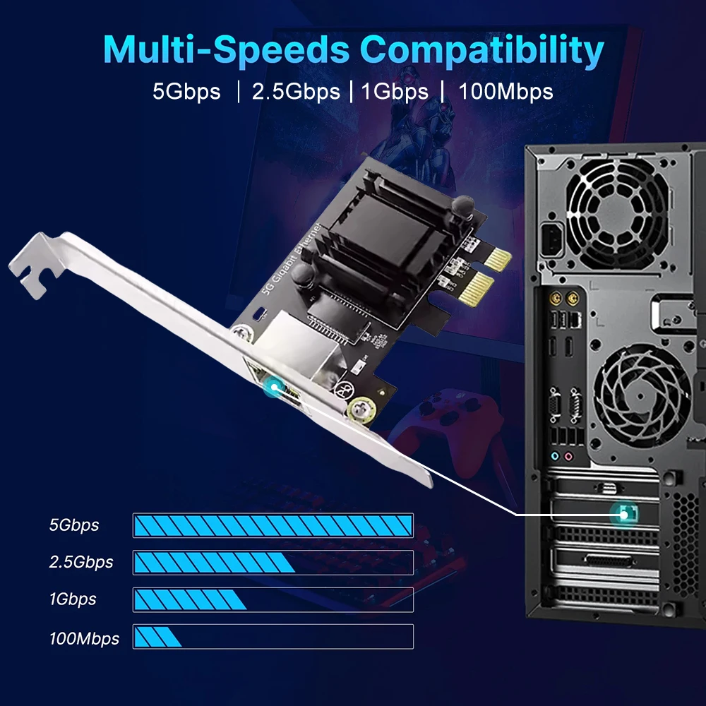 5Gbps Pcie to RJ45 Network Card Realtek 8126 100Mbps/1G/2.5G/5G RJ45 Interface Gigabit Ethernet PCI Express X1 X4 X8 X16 Adapter