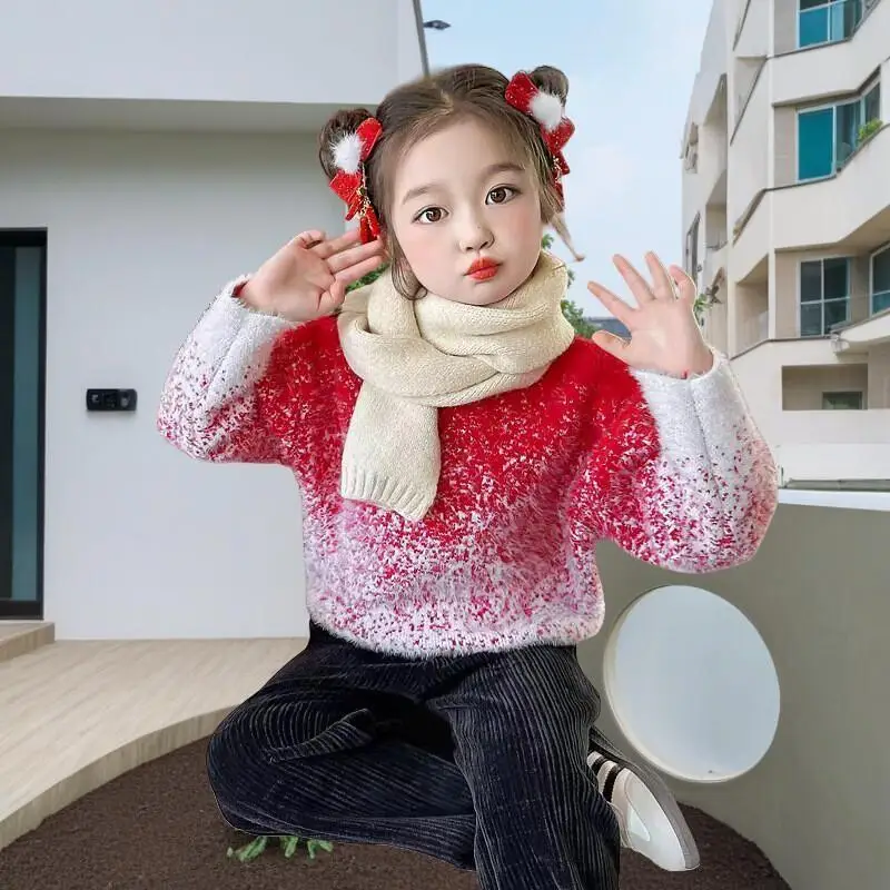 Kawaii Casual Coat Tops Fashion Childrens Clothing Girls Gradient Mink Wool Sweater Winter 2025 New Thick Knitted Shirt Stylish