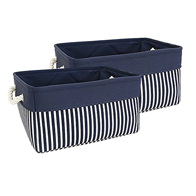 2 Pack Foldable Blue And White Striped Stitched Storage Basket Toy Storage Basket Home Organizing Basket