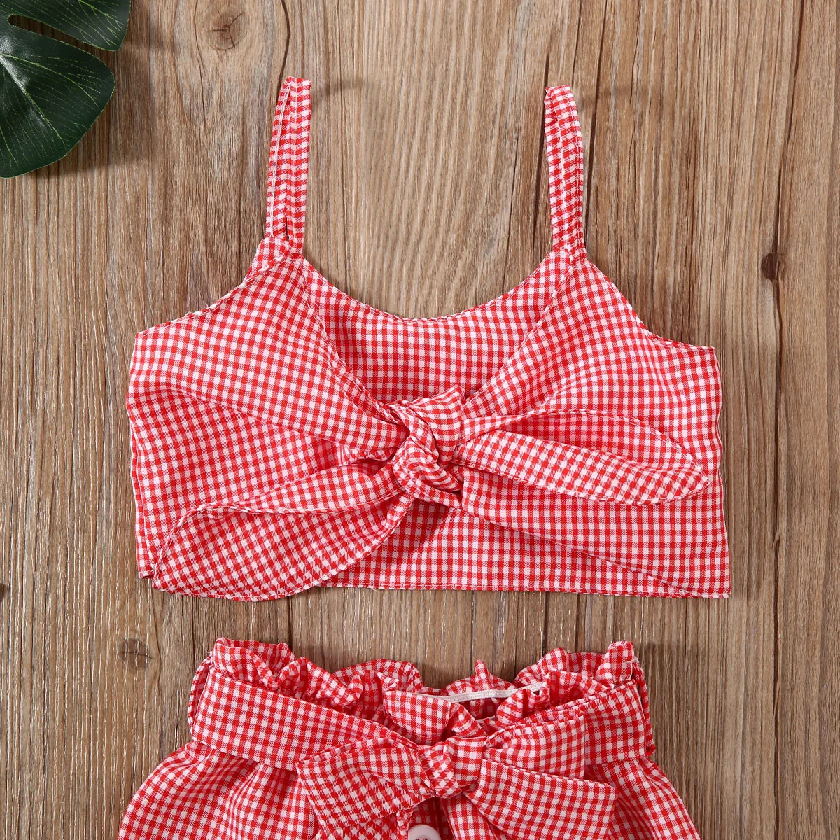 Toddler Little Girls Summer Clothing Suit Sleeveless Plaid Crop Top Lace Up Skirt 2Pcs Sweet Set for Baby Kids Girls