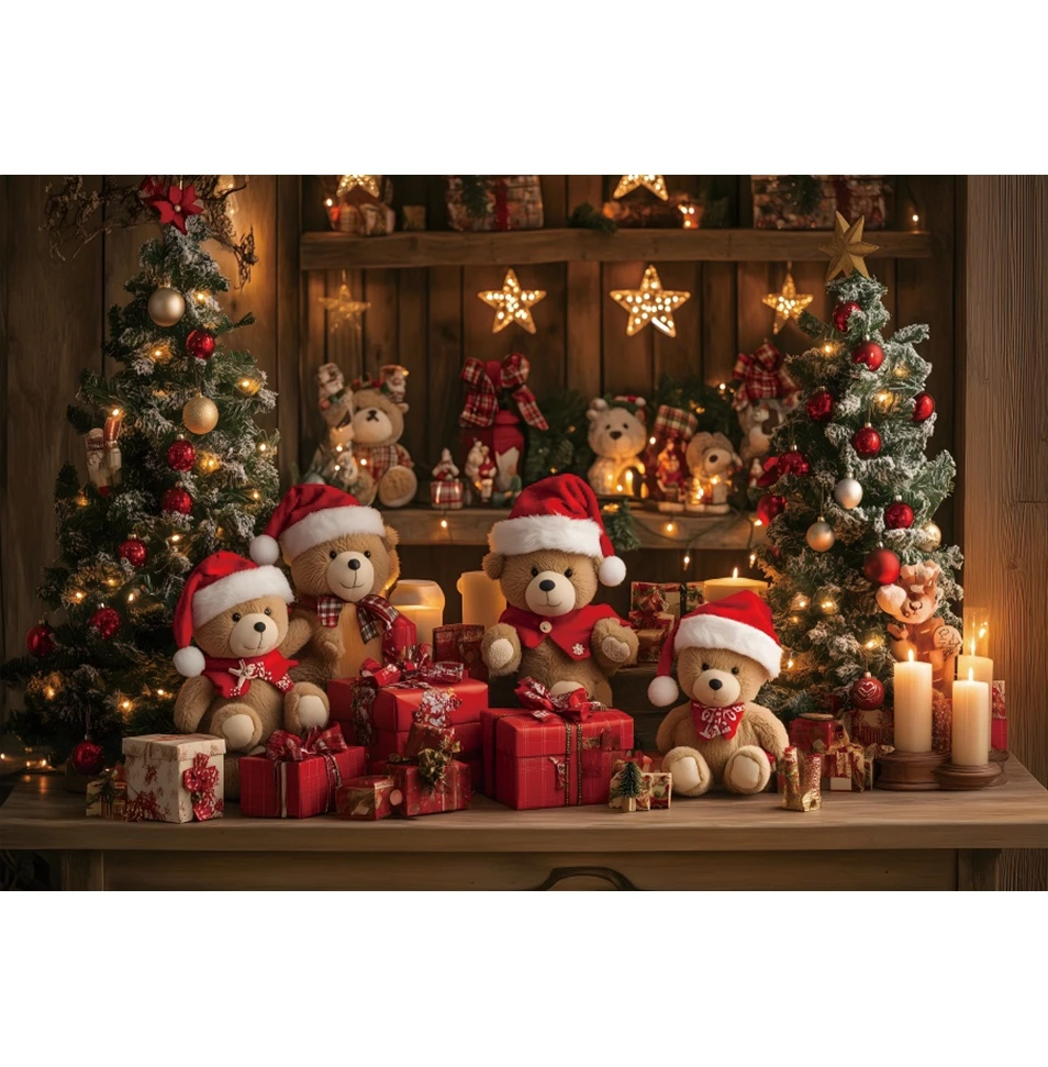 Christmas Tree Toy Bears Wood House Backdrop Gift Box Toy Cabinet Xmas Tree Christmas Eve Room Wall Decor Photography background