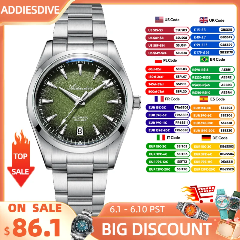 

ADDIESDIVE New Business Men Watch AD2094 Diving 100m Waterproof 39mm Wristwatch Luminous 316L Stainless Steel Domed Glass Watch