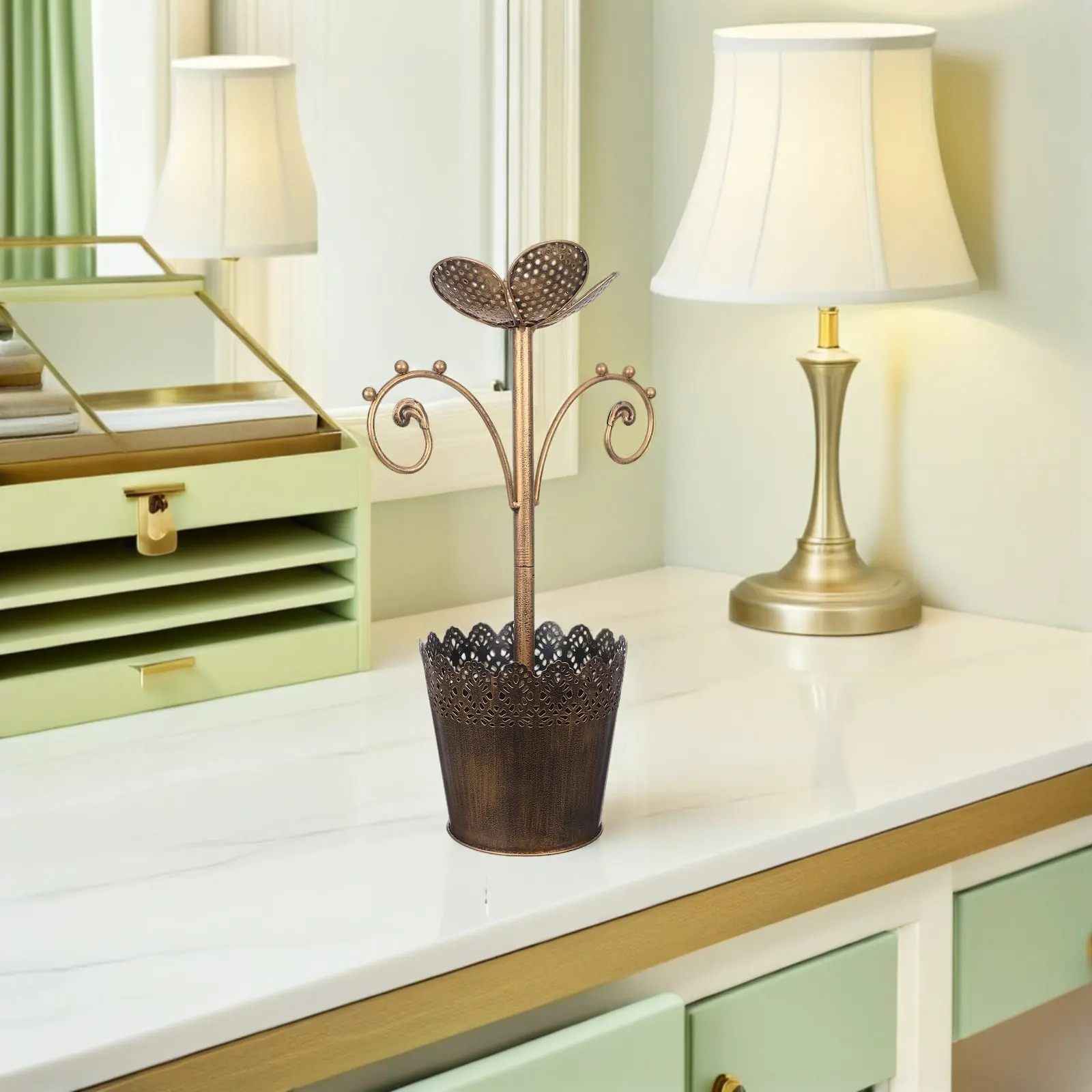 

Flower Shaped Jewelry Stand Iron Vintage Necklace For Women Bracelet Earring Organizer Rack Metal Flower Bucket Storage