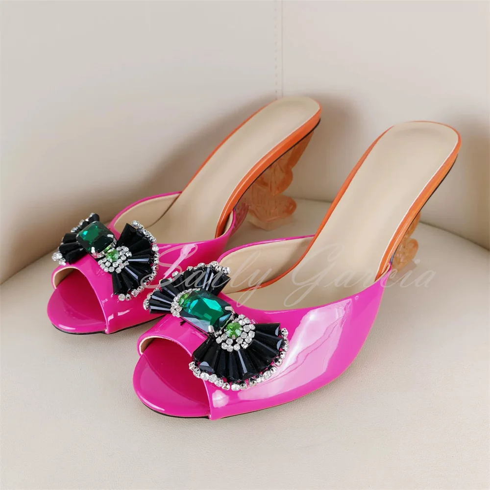 Pink Patent Leather Sculptural Heels Slippers Women Sexy Open Toe Strange Heel Solid Color Slingback Runway Style Dress Mules