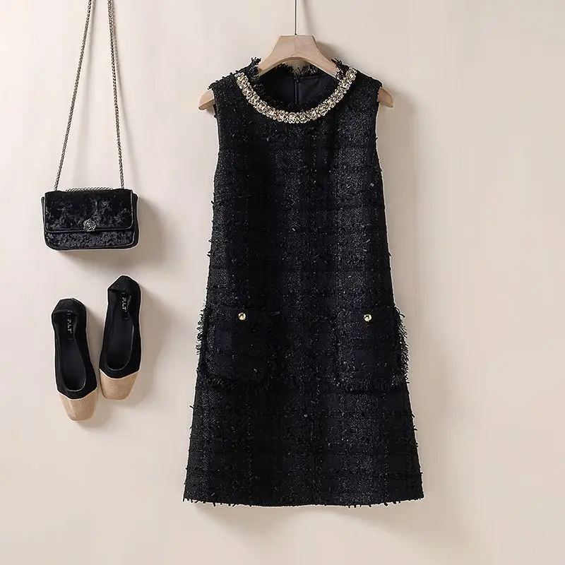 Chaleco de lana falda bolsillo con cuentas Tweed A-Character vestido fino 2025 invierno nueva ropa de mujer
