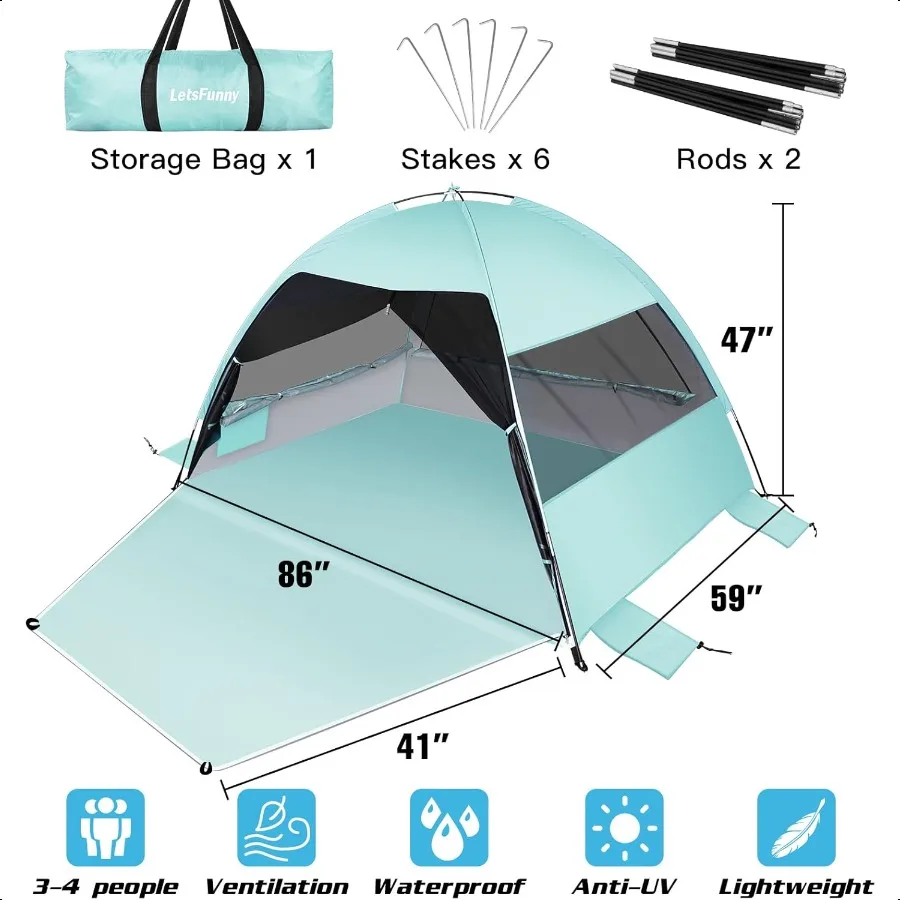 خيمة شاطئ كبيرة سهلة الإعداد مضادة للأشعة فوق البنفسجية، خيمة مظلة للشاطئ، مظلة شمسية مع أرضية ممتدة، نوافذ قابلة للطي تناسب 34 بيرسو