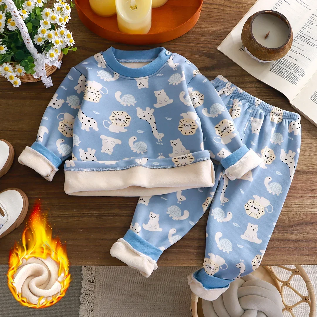 Autumn Winter Kids Thicken Warm Pajamas Baby Boys Cartoon Dinosaur Print Long Sleeve Pyjamas Toddler Sleepwear Clothing Sets