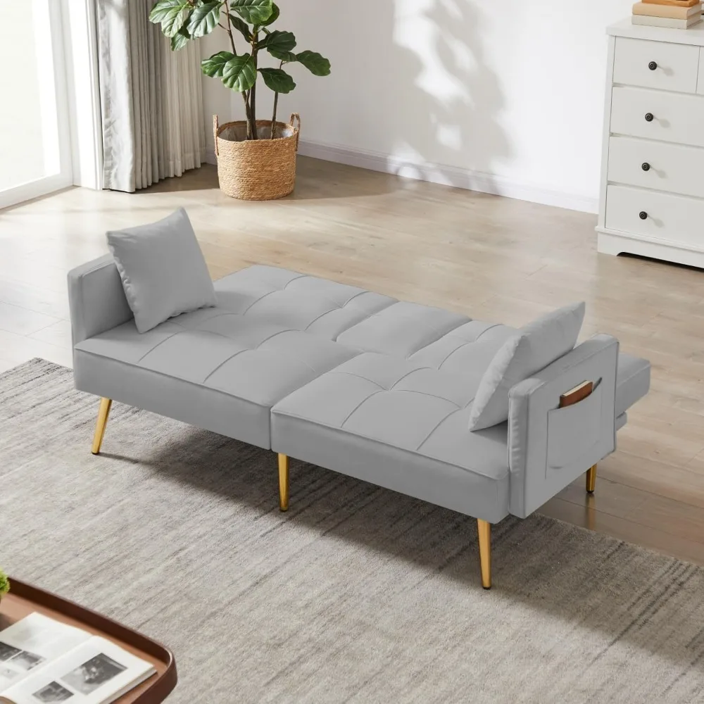 سرير أريكة فوتون قابل للتحويل - سرير فوتون من القماش المخملي مع أقدام معدنية ذهبية اللون وحاملين أكواب، مقعد Loveseat قابل للطي للشقق