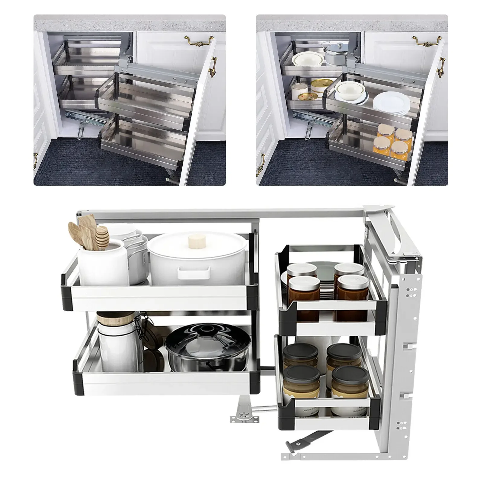 

Blind Corner Organizer Soft Close Pull Out Cabinet Inner+outer Storage Basket for Kitchen Pantry Utensils Cookware Storage