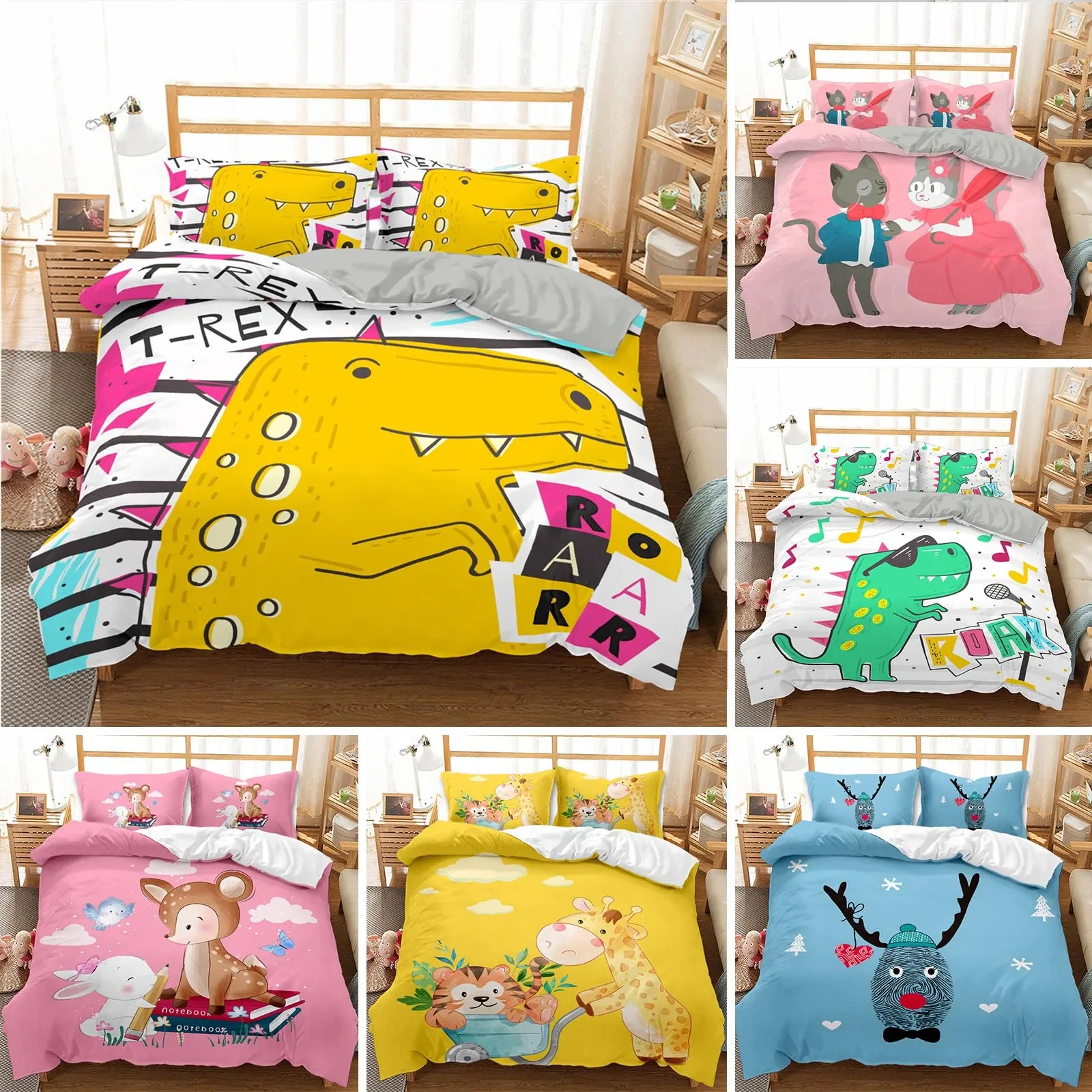 

Cartoon Dinosaur King Queen Duvet Cover Yellow Animals Bedding Set for Kids Boys Girl Wildlife Soft 2/3pcs Polyester Quilt Cover